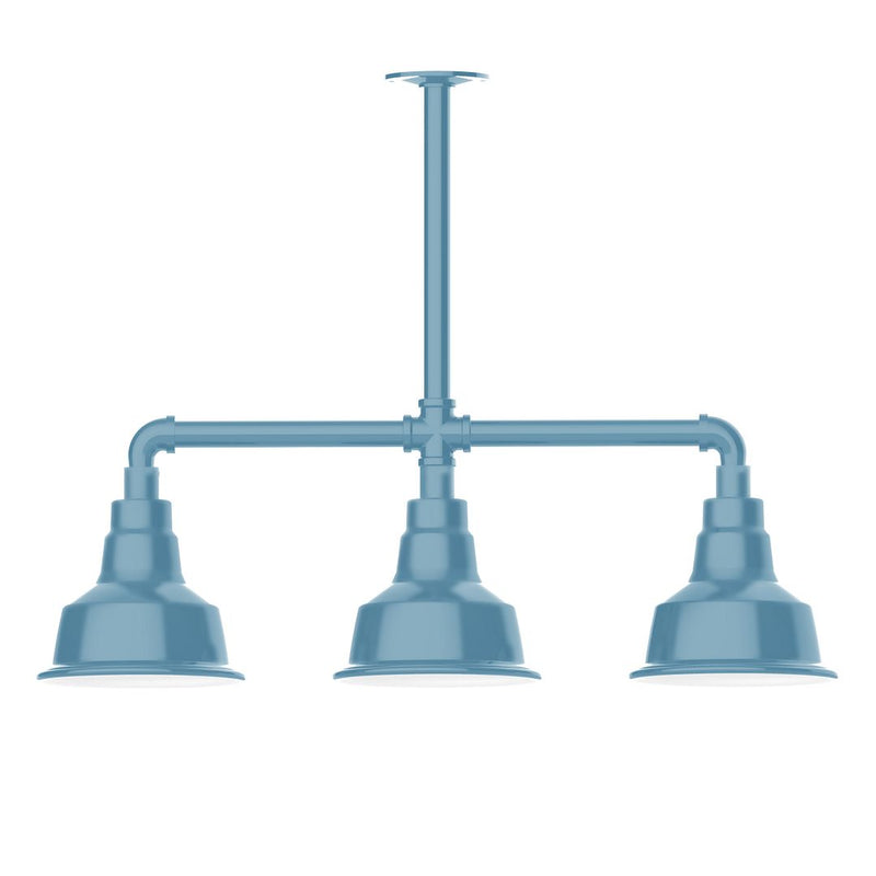 Light blue three-light stem-hung pendant light with three bell shades