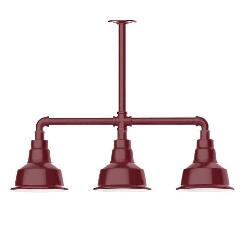Barn red 3-light stem-hung pendant light with three bell shades