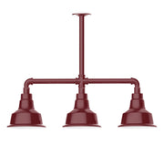 3-light stem-hung pendant light with three bell shades, barn red finish