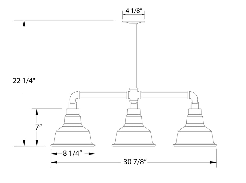 3-light pendant light with dimensions: 22 1/4" drop, 8 1/4" shade width