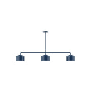 3-light linear pendant with navy glass shades and three hanging bases