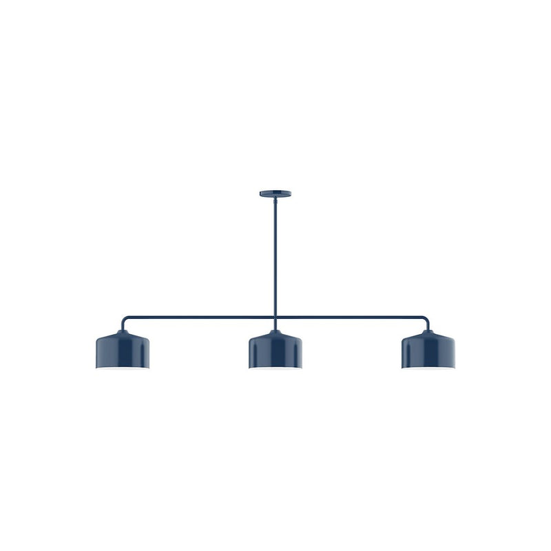 3-light linear pendant with navy glass shades and three hanging bases