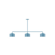 Light blue 3-light linear pendant with three drum shades on a horizontal bar