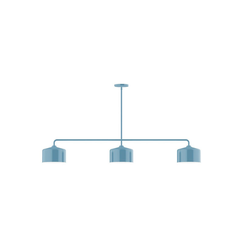 Light blue 3-light linear pendant with three drum shades on a horizontal bar