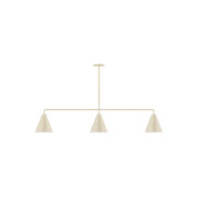 Cream 3-light linear pendant with three conical fabric shades and center rod
