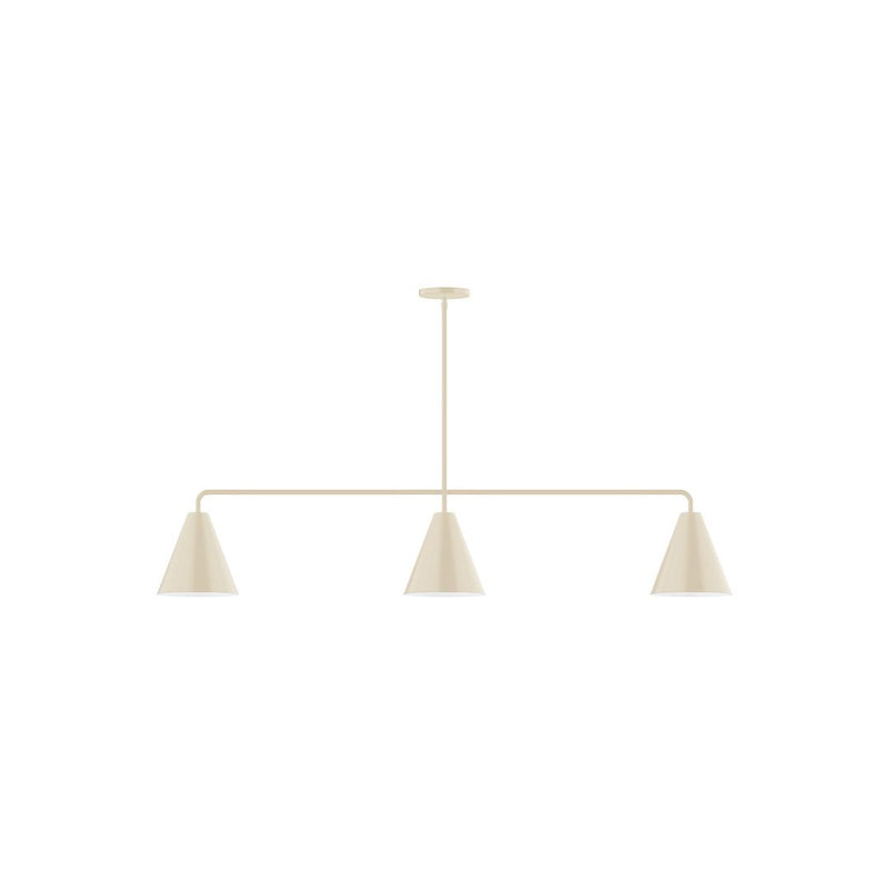 Cream 3-light linear pendant with three conical fabric shades and center rod