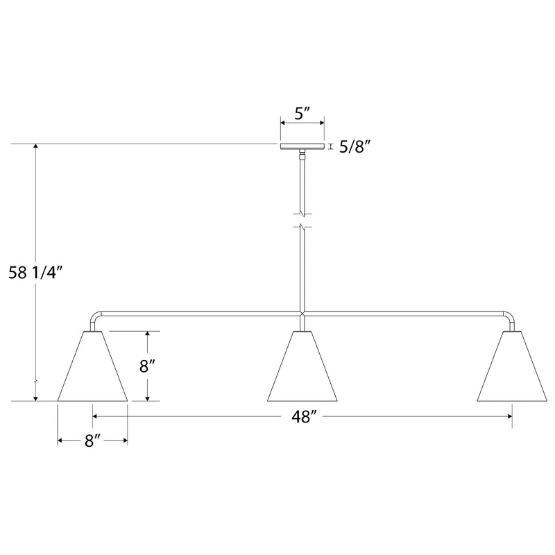 Three-light linear pendant diagram: slate gray shades on bar, with 48 in width