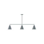 Three-light linear pendant with three slate gray cone shades on a bar