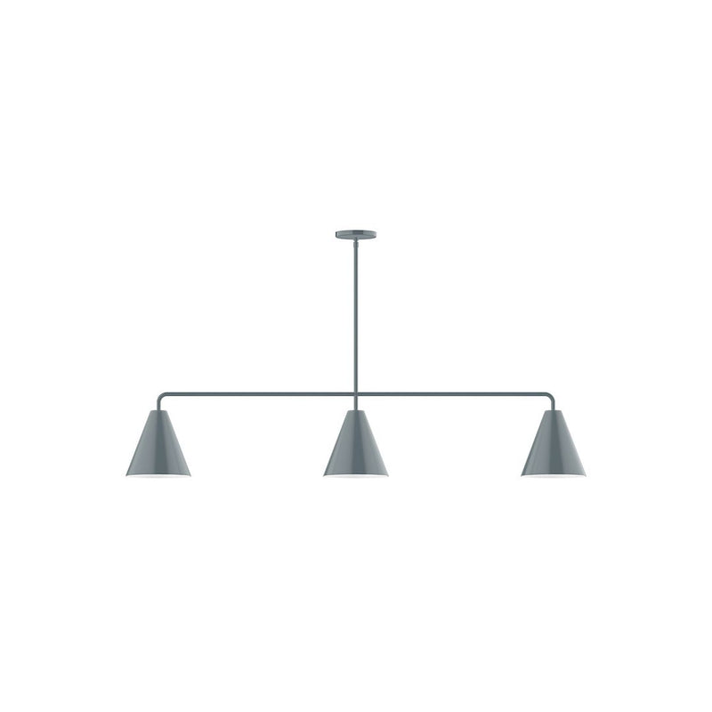 Three-light linear pendant with three slate gray cone shades on a bar