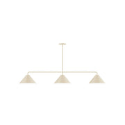 Cream 3-light linear pendant with three fabric cone shades on a bar