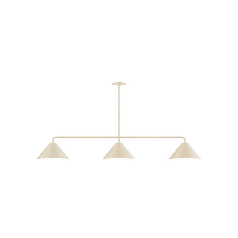 Cream 3-light linear pendant with three fabric cone shades on a bar
