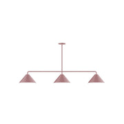 Mauve 3-light linear pendant with three conical shades and metal bar