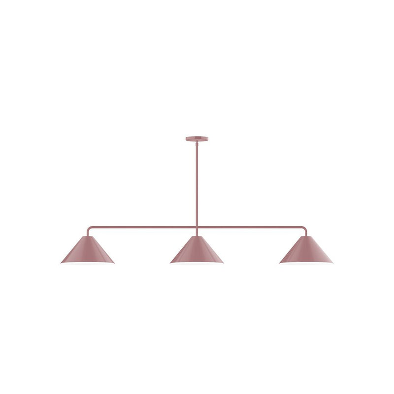 Mauve 3-light linear pendant with three conical shades and metal bar