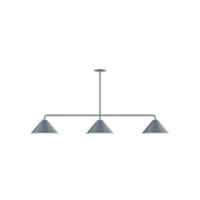 Three-light linear pendant with slate gray shades and straight mounting bar