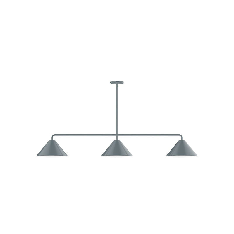 Three-light linear pendant with slate gray shades and straight mounting bar