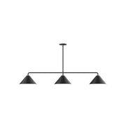 Black 3-light linear pendant with three conical shades on a horizontal bar.