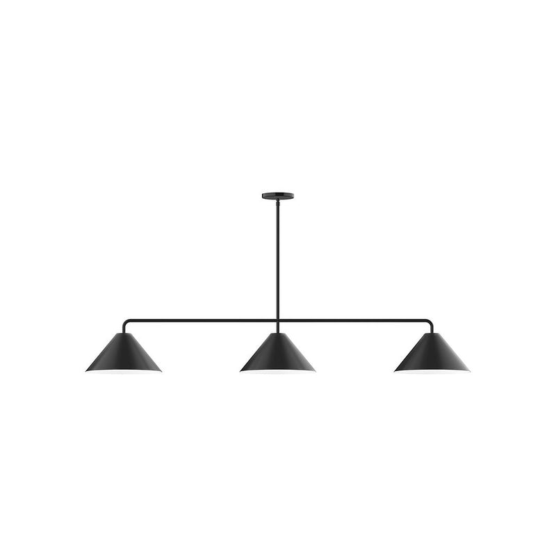 Black 3-light linear pendant with three conical shades on a horizontal bar.