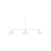 White 3-light linear pendant with three cone shades on a straight bar