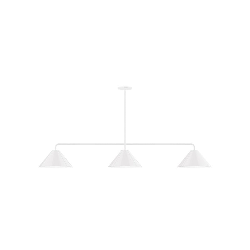 White 3-light linear pendant with three cone shades on a straight bar