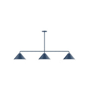 Navy 3-light linear pendant with three cone shades on a bar
