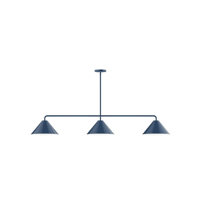 Navy 3-light linear pendant with three cone shades on a bar