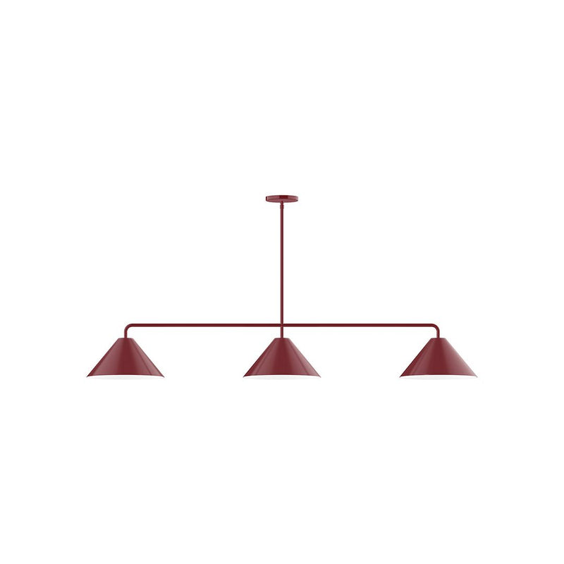 Barn red 3-light linear pendant with three cone shades