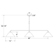 Three-light linear pendant dimension diagram with slate gray shades on a bar