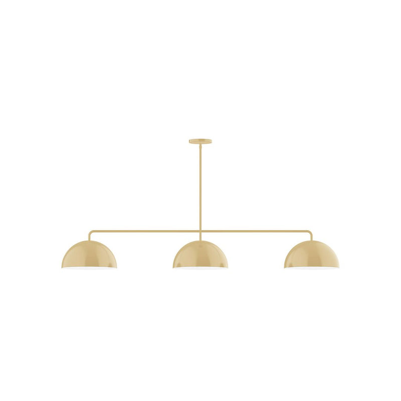 Ivory 3-light linear pendant with three dome shades and straight suspension rod