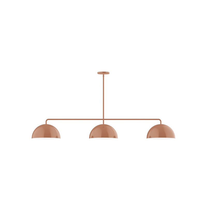 Terracotta 3-light linear pendant with three dome shades and metal bar
