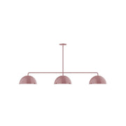 Mauve 3-light linear pendant with three dome shades on a bar ceiling mount.