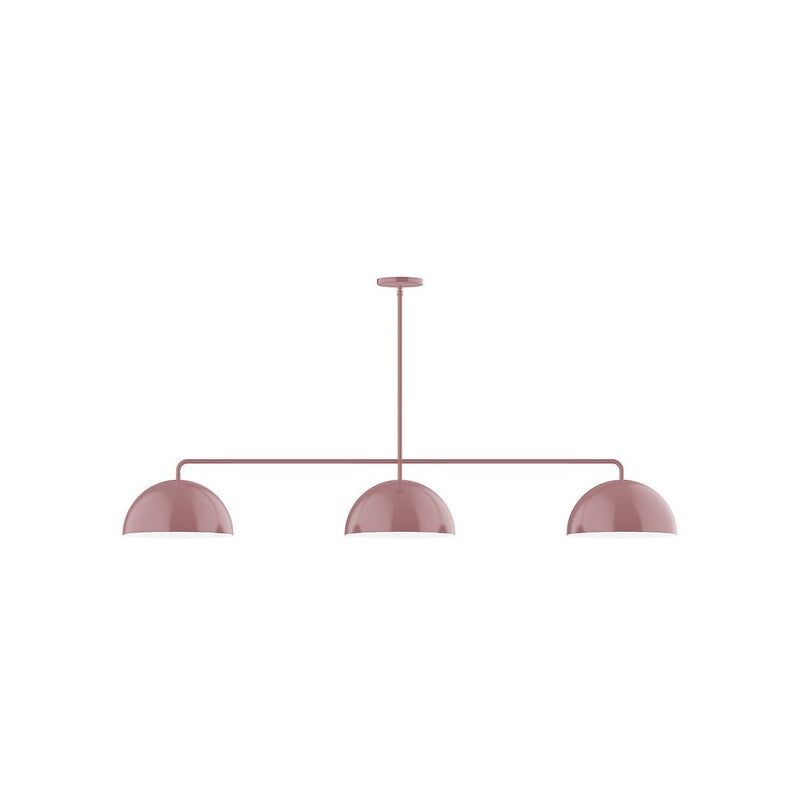 Mauve 3-light linear pendant with three dome shades on a bar ceiling mount.