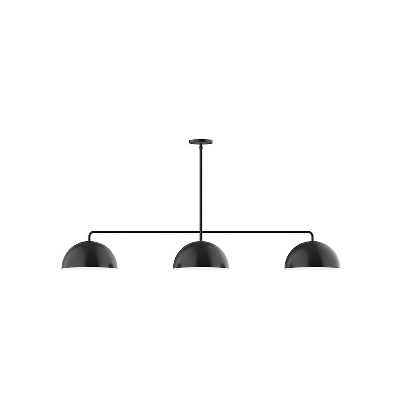 Black 3-light linear pendant with three dome shades on a bar