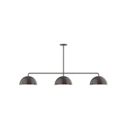 3-light linear pendant with three bronze dome shades on a straight bar