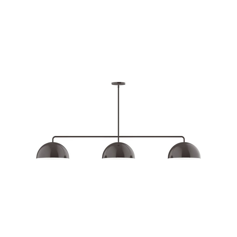 3-light linear pendant with three bronze dome shades on a straight bar