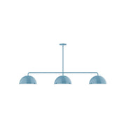 Light blue 3-light linear pendant with three dome shades and hanging rod