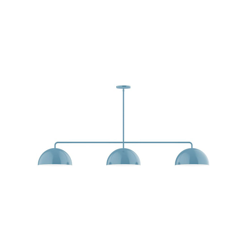 Light blue 3-light linear pendant with three dome shades and hanging rod