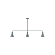 Slate gray 3-light linear pendant with three conical shades on a bar
