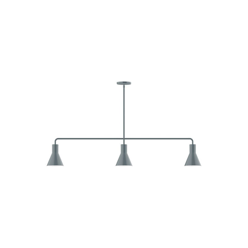 Slate gray 3-light linear pendant with three conical shades on a bar