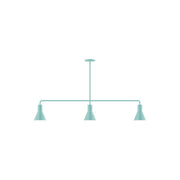Sea green 3-light linear pendant with three flared shades on a rod