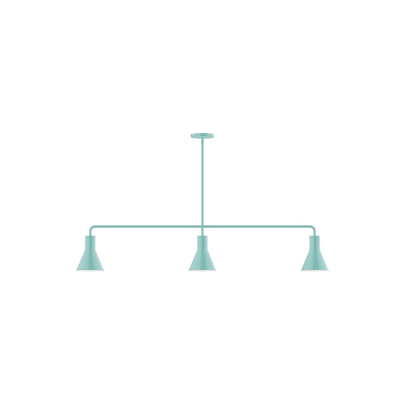 Sea green 3-light linear pendant with three flared shades on a rod