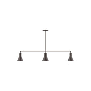 Three-light linear pendant with architectural bronze finish and three cone shades