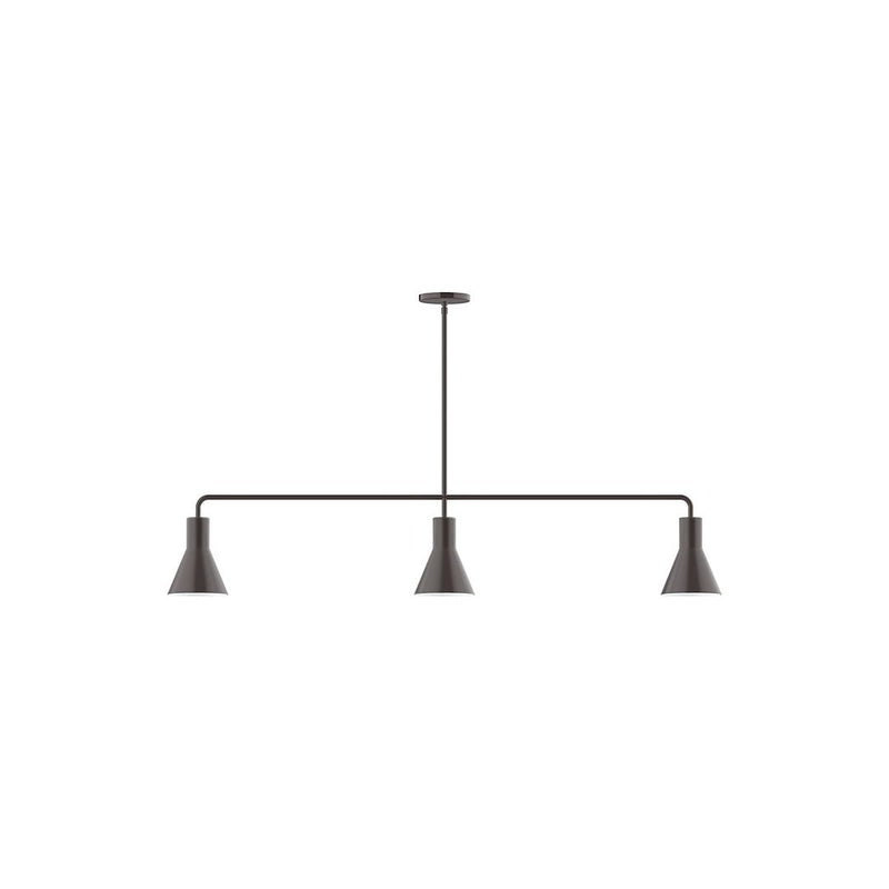 Three-light linear pendant with architectural bronze finish and three cone shades