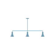 Light blue 3-light linear pendant with three cone shades and suspended bar.
