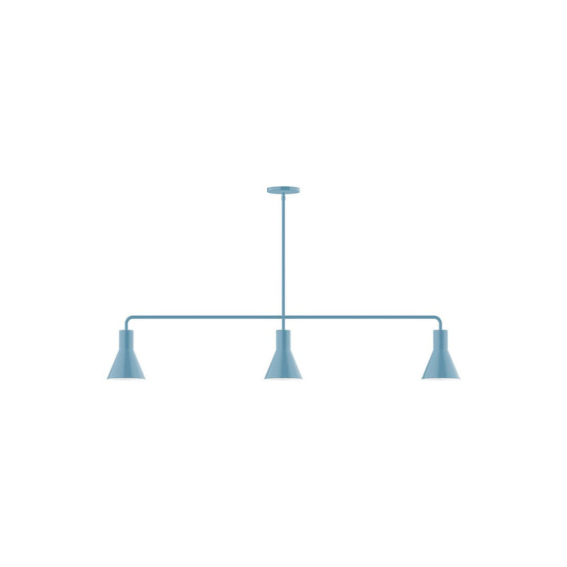 Light blue 3-light linear pendant with three cone shades and suspended bar.