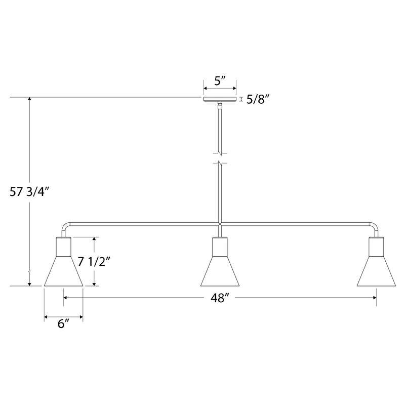 Linear pendant diagram: 48 in bar, three conical shades, 57 3/4 in overall