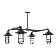 Black 4-light stem-hung pendant light with four lantern-style glass shades