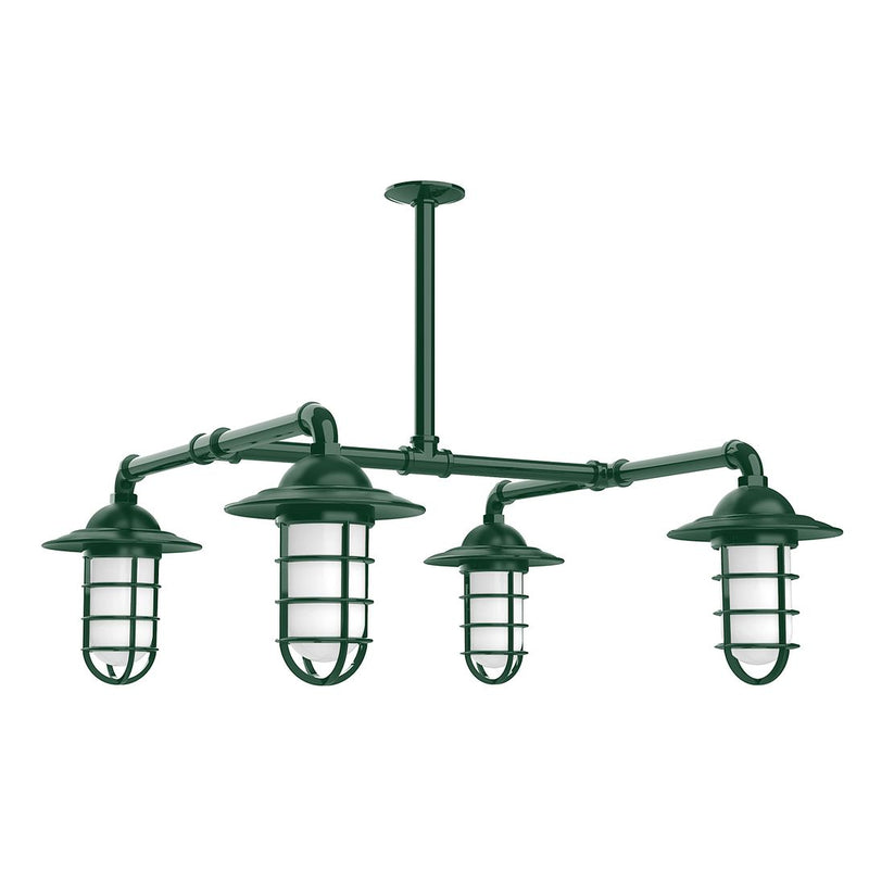 Forest green 4-light stem pendant with four lantern glass shades