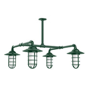Forest green 4-light stem pendant with four lantern shades and frosted glass panels