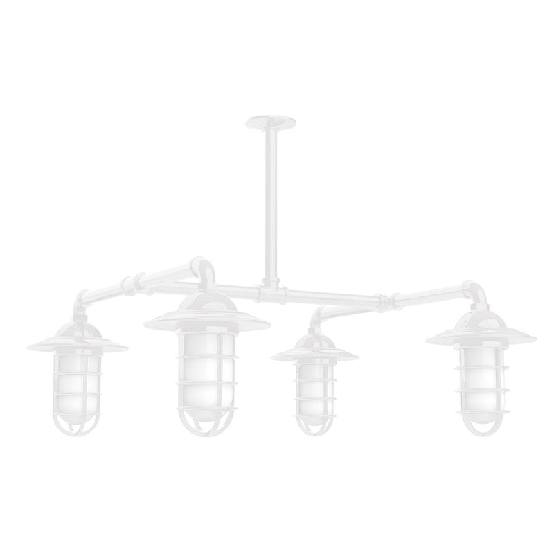 White 4-light stem hung pendant light with four lantern-style glass shades.