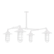 White 4-light stem-hung pendant with four lantern-style glass shades on a bar